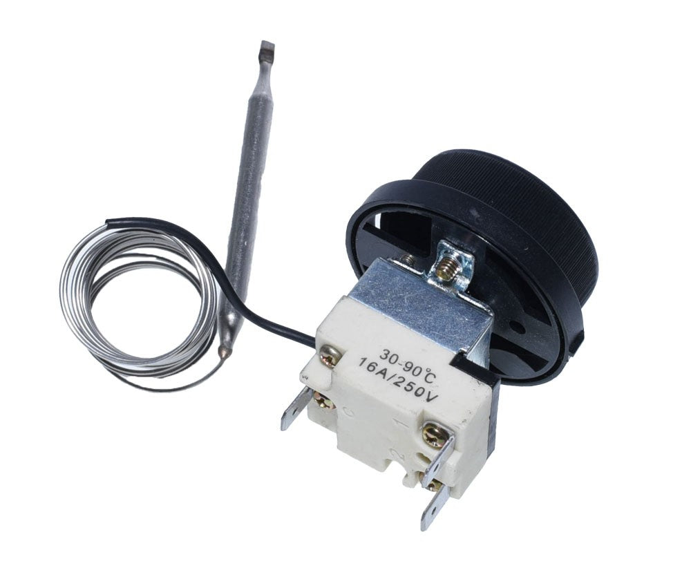 Termostat capilar 16A/250V, 30-90°C, cu eticheta vizibila pe blocul ceramic alb