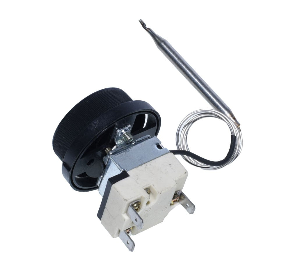 Termostat capilar reglabil, vedere din unghi cu bloc conexiuni si bulb inox diagonal