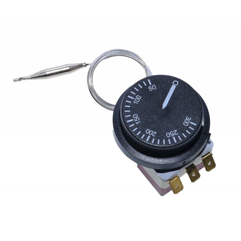 Termostat capilar 50-300°C vazut din unghi lateral, cu sonda capilara din inox si cadran gradat