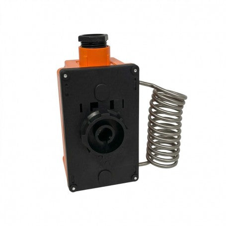 Termostat imersie cu sonda spiralata cupru, vedere spate cu conexiune electrica si corp portocaliu
