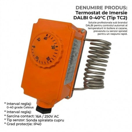 Termostat imersie cu senzor spiralat cupru, reglaj 0-40°C, IP40, vedere frontala cu cadran