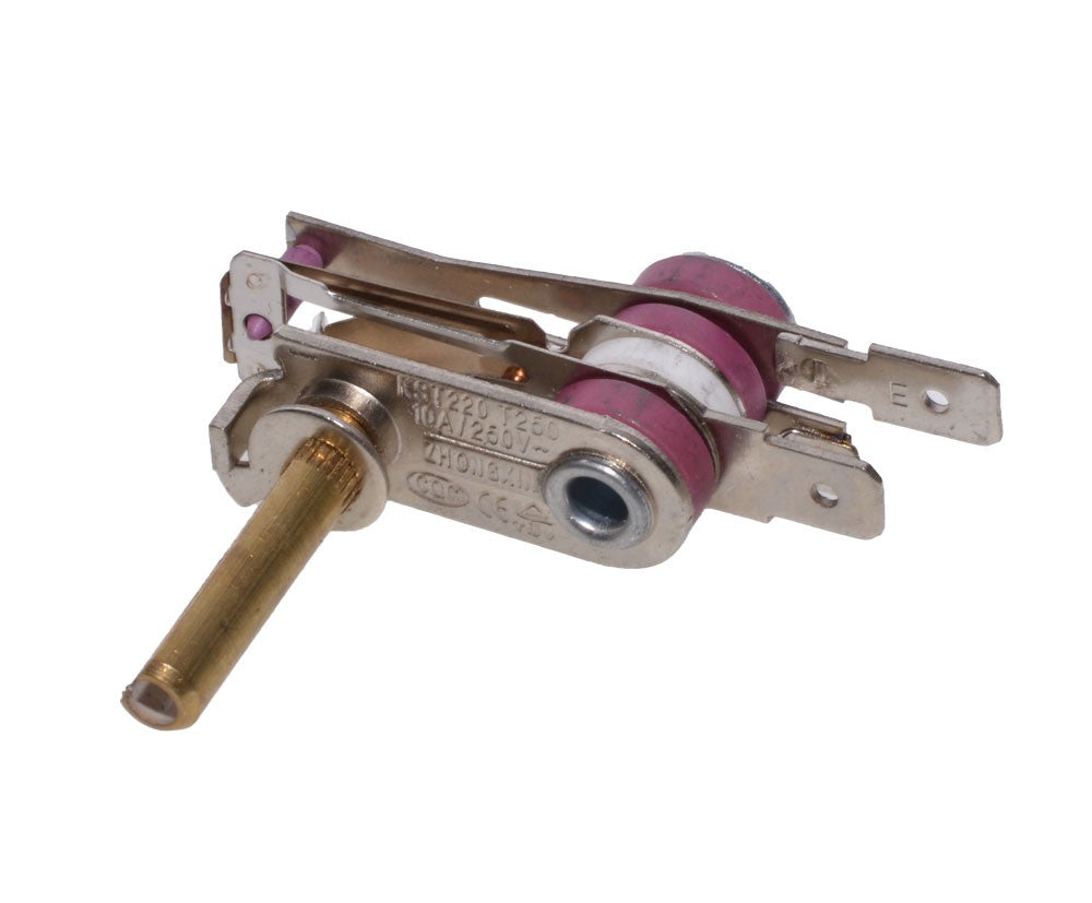 Termostat bimetalic 10A 250V, vedere lateral-superioara cu inscriptionare si element de fixare