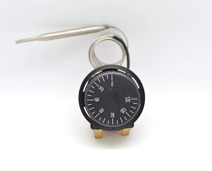 Termostat cu sonda capilar inox, vedere frontala cu scala gradata 0-120°C si terminale aurii