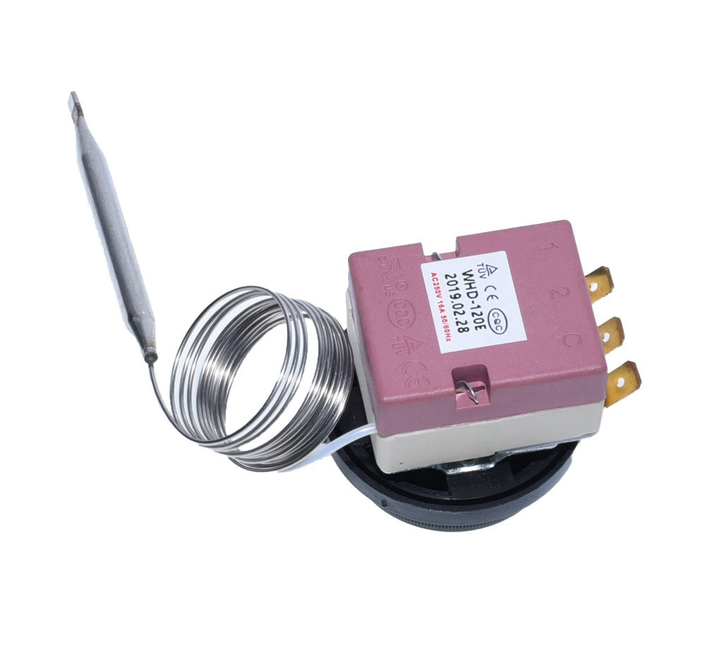 Termostat capilar 16A 250V, unghi lateral cu corp roz si sonda inox desfasurata