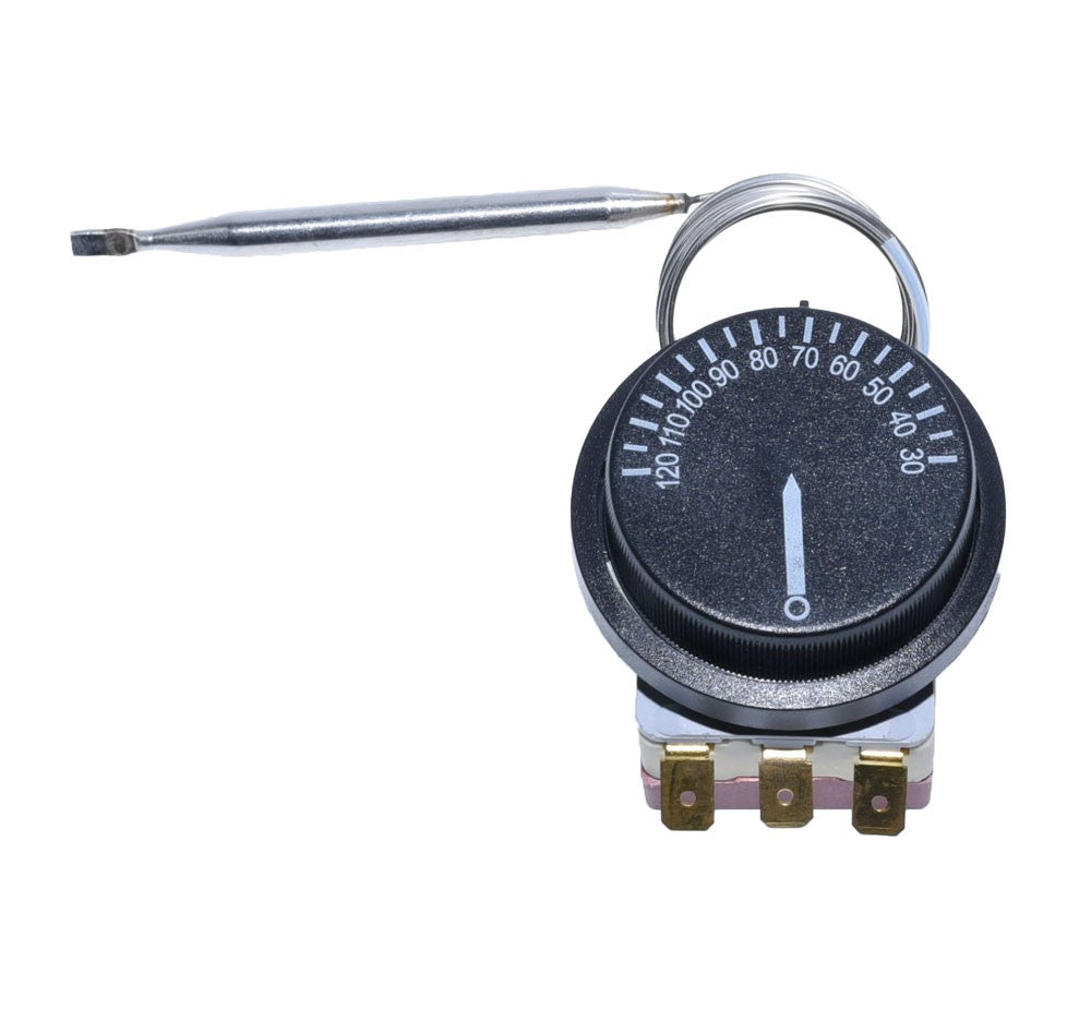 Termostat cu buton rotativ gradat 30-120°C, vedere frontala cu sonda si terminale electrice aurii