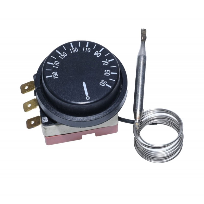 Termostat capilar reglabil cu sonda inox, vedere laterala cu cadran si borne faston aurii
