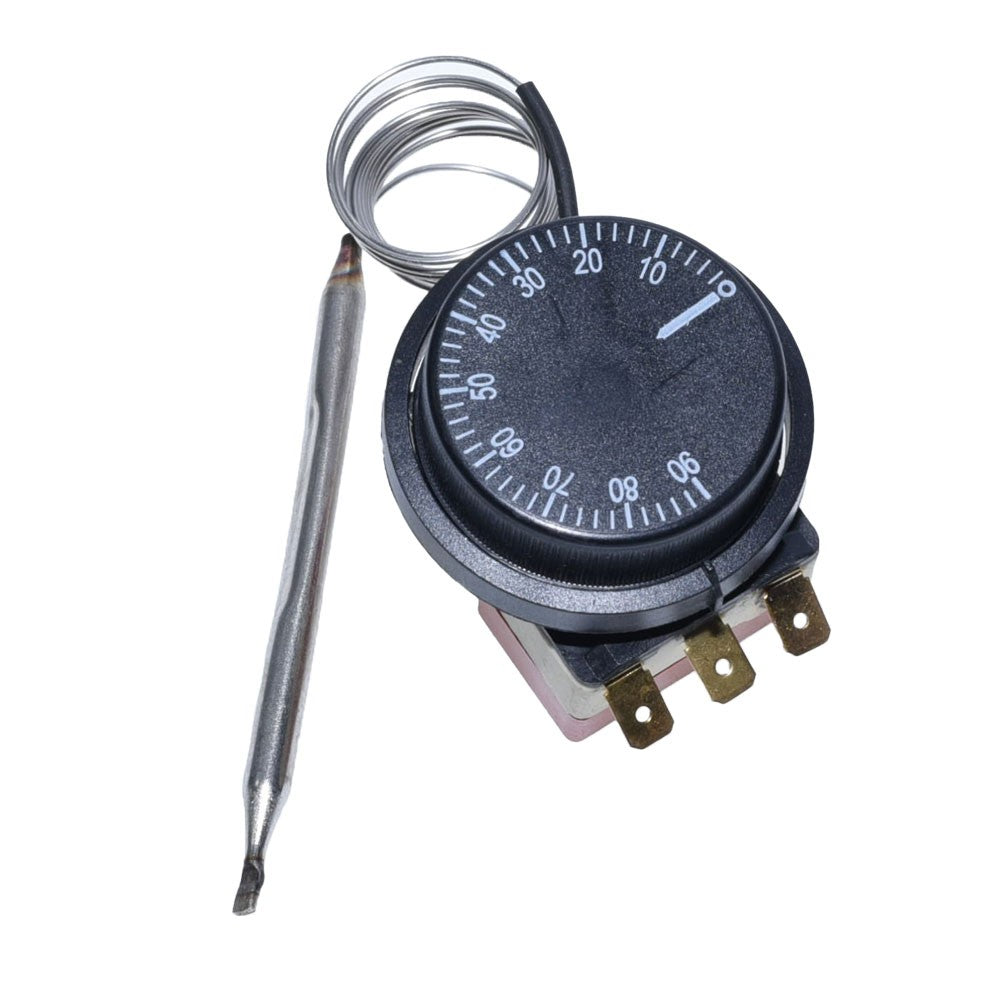 Termostat cu sonda inox, unghi lateral care evidentiaza capilarul elicoidal si corpul compact metalic