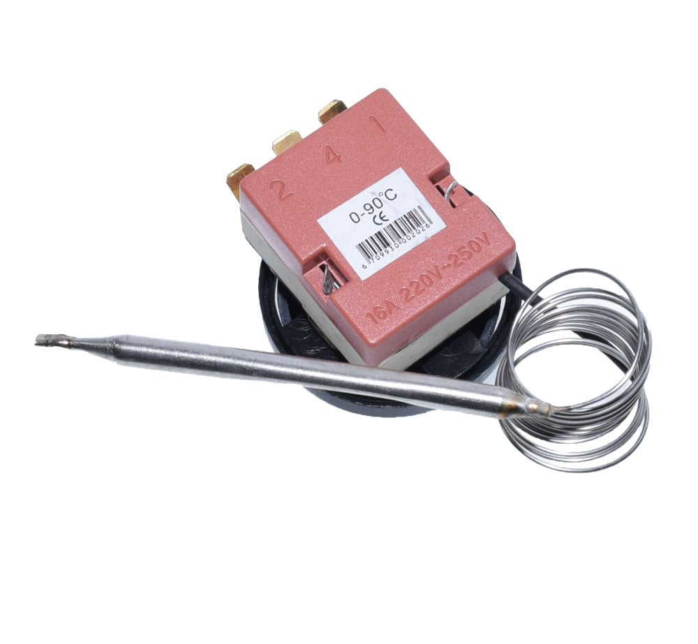 Termostat capilar industrial 16A 250V, carcasa rosie cu eticheta tehnica si sonda inox lunga