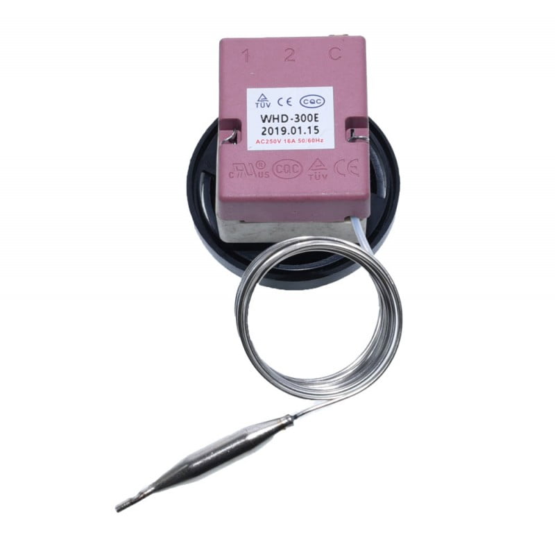 Termostat capilar 16A AC250V, vedere spate cu terminale si eticheta de certificare, sonda capilara