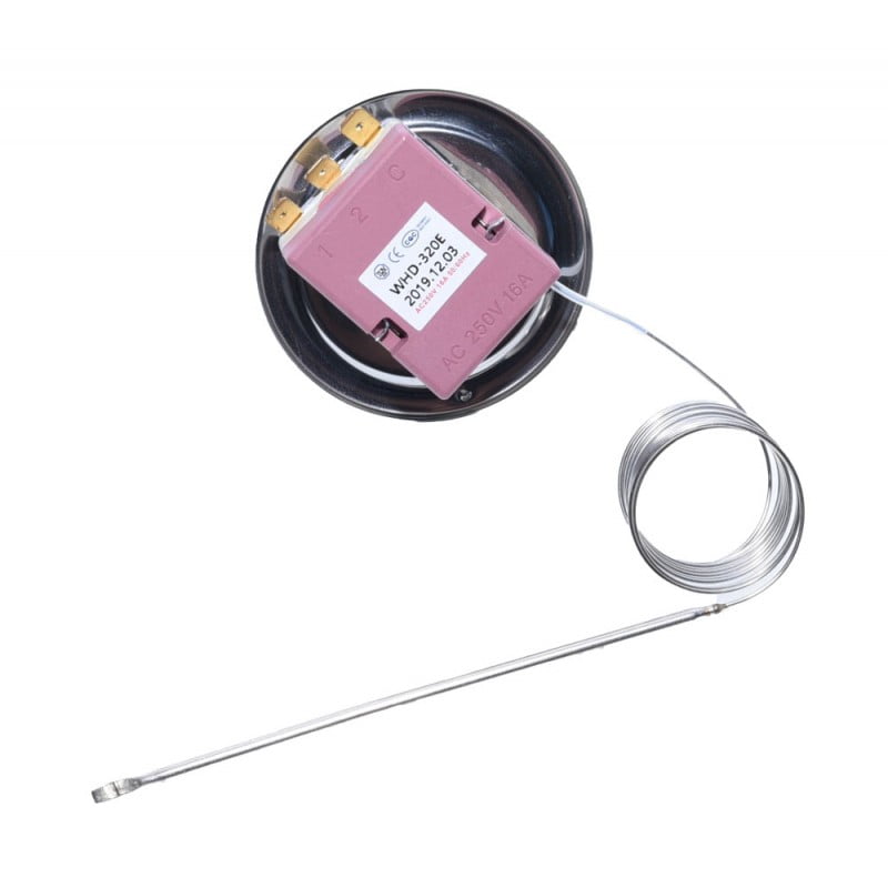 Termostat capilar 250V 16A, vedere spate cu eticheta tehnica si sonda capilar desfasurata