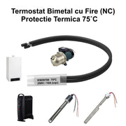 Termostat bimetalic NC 75°C cu fire, 250V/16A, protectie termica pentru boilere, calorifere si motoare electrice