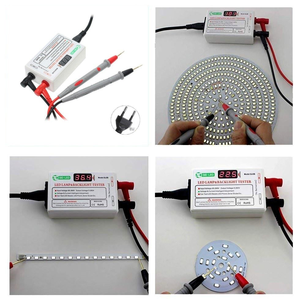 Tester LED in utilizare: verificare panou SMD circular, banda LED si modul LED, cu afisaj tensiune in timp real