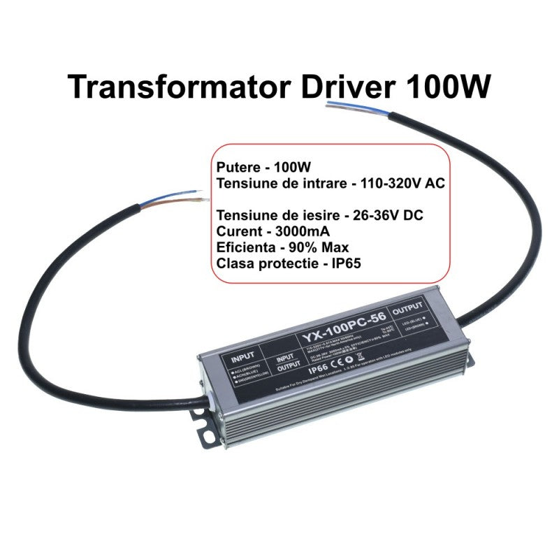 Driver LED 100W cu specificatii tehnice: 3000mA, eficienta 90%, protectie IP65, tensiune iesire 26-36V