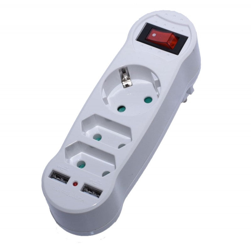 Triplu stecher 2 Euro + 1 Schuko cu 2 porturi USB 5V 2A si intrerupator LED, 16A, alb