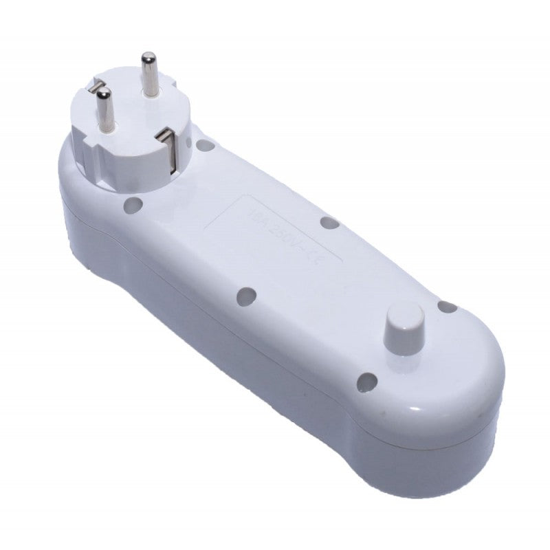 Multiplicator prize Schuko cu 3 iesiri si 2 USB, vedere spate cu stecker si marcaj 16A 250V