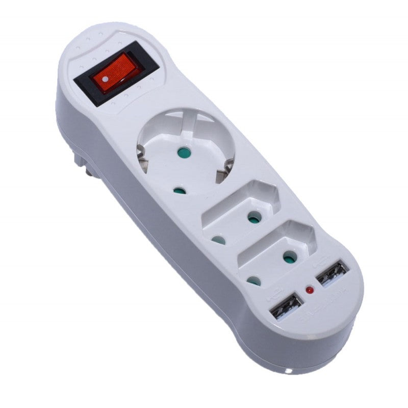 Stecher triplu cu intrerupator ON/OFF iluminat, prize Euro, Schuko si 2 USB, vedere frontala
