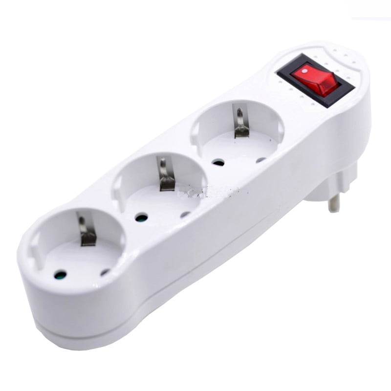 Triplu stecher Schuko cu buton ON/OFF, 3 prize cu impamantare, 16A, 250V AC, alb
