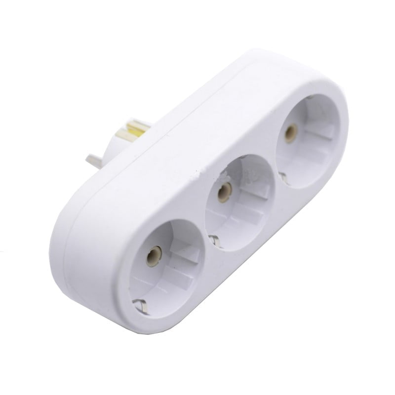 Triplu stecher Schuko cu protectie ceramica, 16A, 3 prize cu impamantare, design compact alb