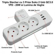 Triplu stecher multifunctional 20W cu 3 prize Schuko, 2 USB QC3.0, 1 USB-C PD si lumina de veghe LED