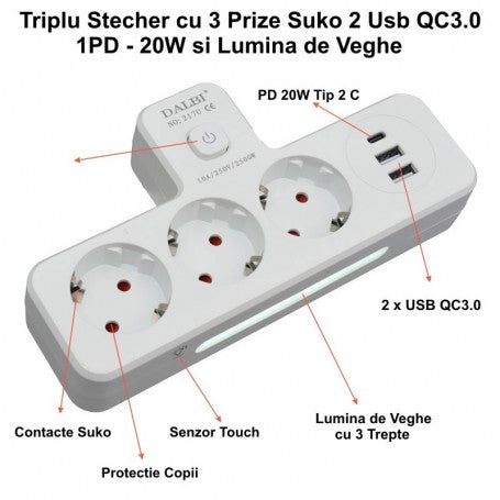Triplu stecher multifunctional 20W cu 3 prize Schuko, 2 USB QC3.0, 1 USB-C PD si lumina de veghe LED