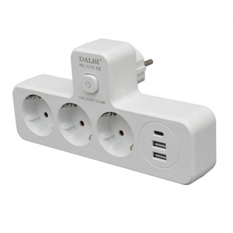 Triplu stecher compact cu prize Schuko rotative, port USB-C PD 20W si 2 porturi USB QC3.0