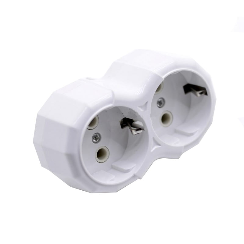 Stecher multiplicator cu 2 prize Schuko, 16A, 250V AC, contacte din alama cu impamantare, alb