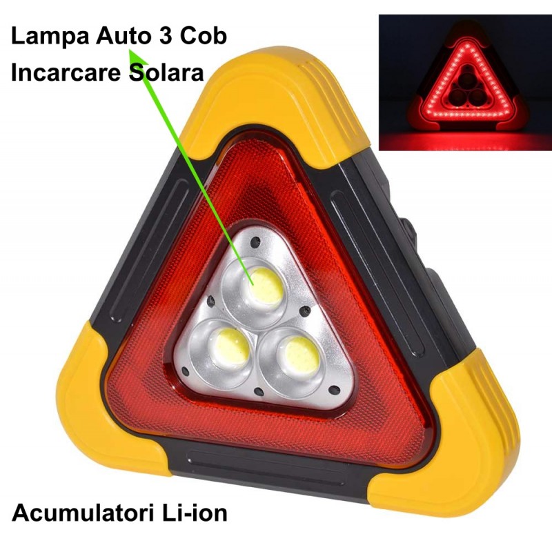 Lampa triunghi auto cu LED COB albe si contur rosu activ, acumulator Li-ion inclus