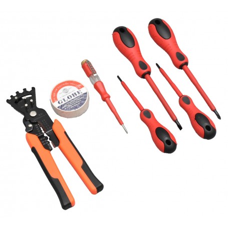 Set scule electrician desfacut: cleste multifunctional 5-1, banda izolatoare, creion tensiune si 4 surubelnite plus si minus