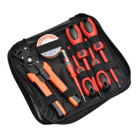 Trusa scule electrician cu geanta compacta cu fermoar, cleste multifunctional si surubelnite cu manere ergonomice rosii