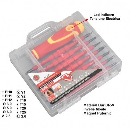 Trusa surubelnite izolate 8 piese CR-V cu indicator de tensiune LED, varfuri interschimbabile Phillips Torx, cutie transport