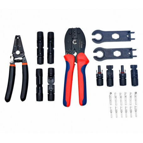 Set complet unelte solare: cleste sertizare, dezizolator, conectori MC4 mascul/femela si sertise cupru