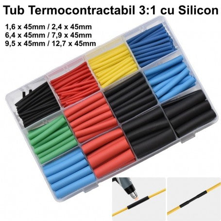 Set 280 tuburi termocontractabile 3:1 waterproof cu silicon, 6 culori, dimensiuni 1.6-12.7mm, in cutie organizatoare