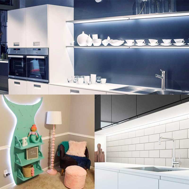 Banda LED aplicata sub dulapuri de bucatarie, rafturi si mobilier decorativ interior
