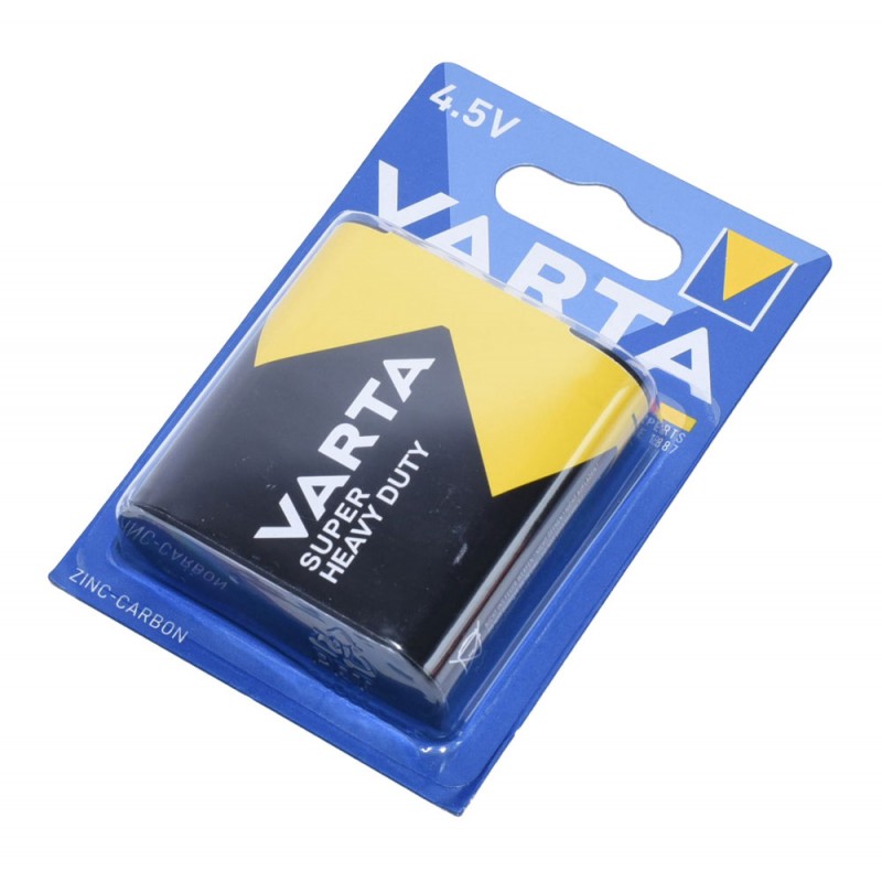 Baterie plata 4.5V tip 3R12, format compact, vedere din unghi superior in ambalaj