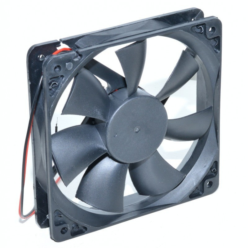 Ventilator axial 120x120x25 mm vazut din spate, palете si gauri de fixare vizibile