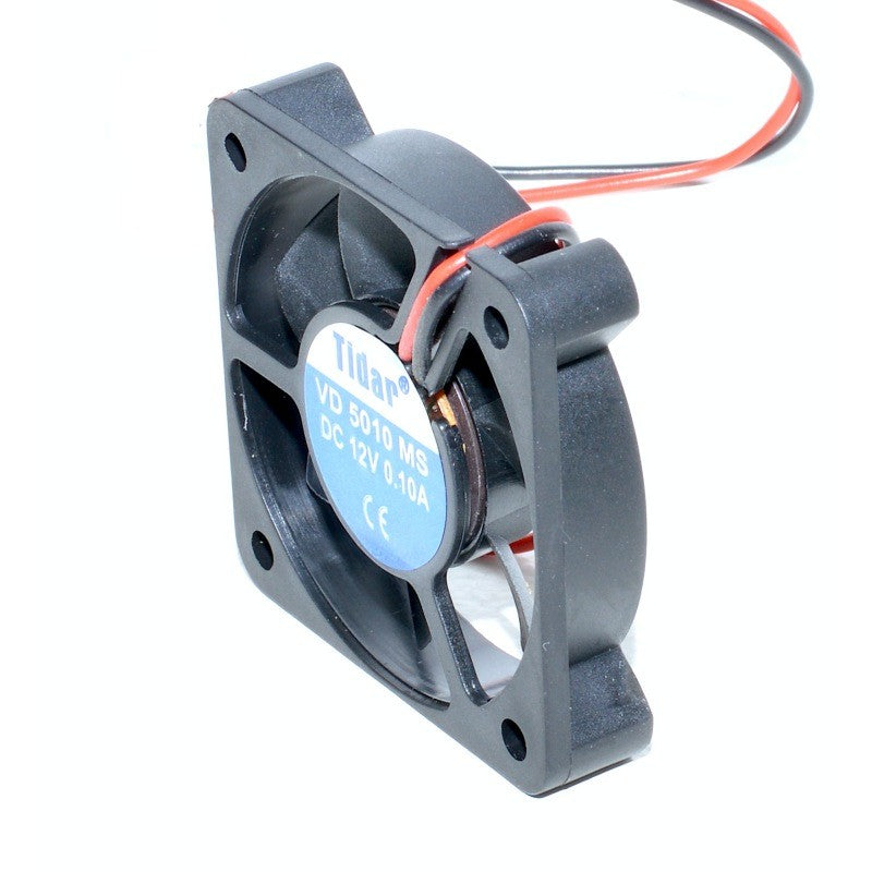 Ventilator cooler 50x50 mm, vedere laterala cu cabluri bicolore si orificii de montaj