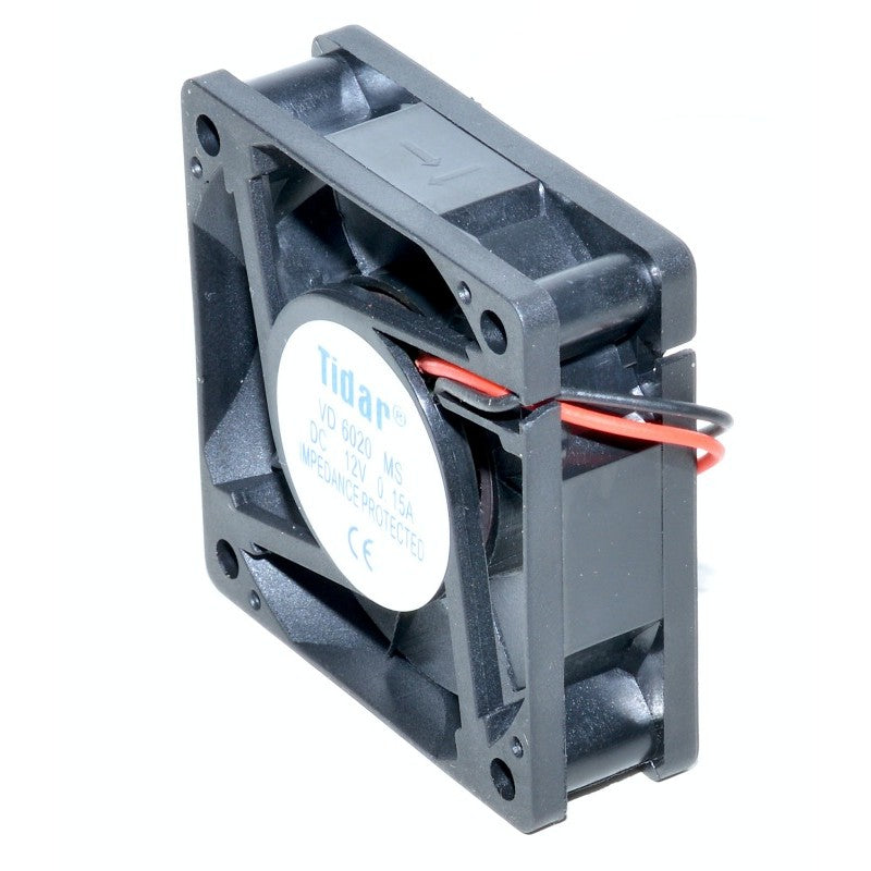 Ventilator axial compact 60x60x20mm, 12V, vedere laterala cu cablu rosu si negru