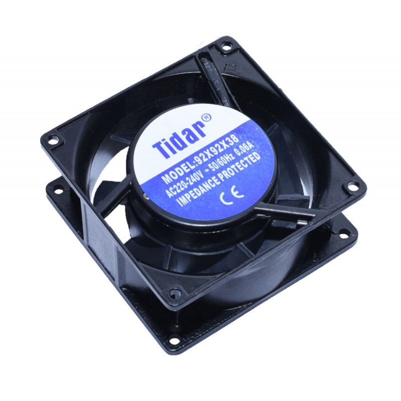 Ventilator axial 11W, 220V, 92x92x38 mm, vedere de sus cu eticheta tehnica si fire scurte