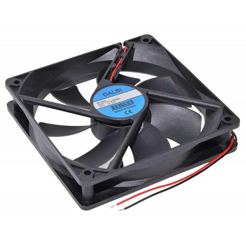 Ventilator axial 120x120mm, unghi lateral cu cabluri rosu-negru vizibile