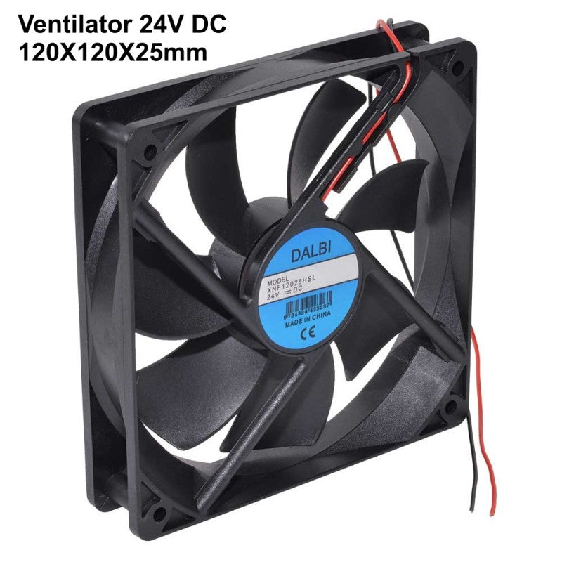 Ventilator axial 24V DC 120x120x25mm, vedere frontala cu specificatii afisate