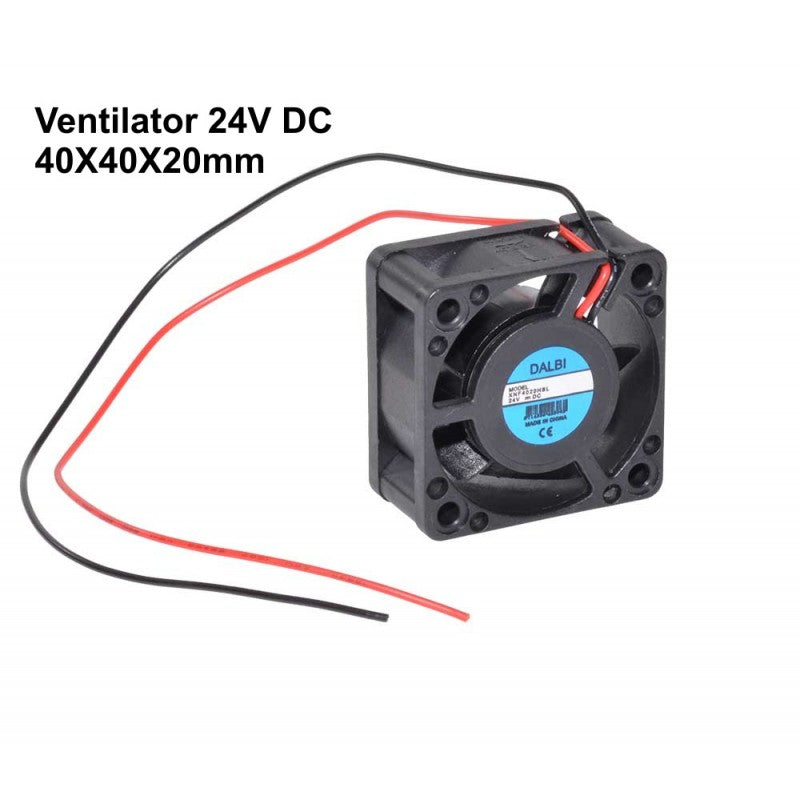 Ventilator axial compact 24V DC, 40x40x20mm, vedere laterala cu cabluri de alimentare