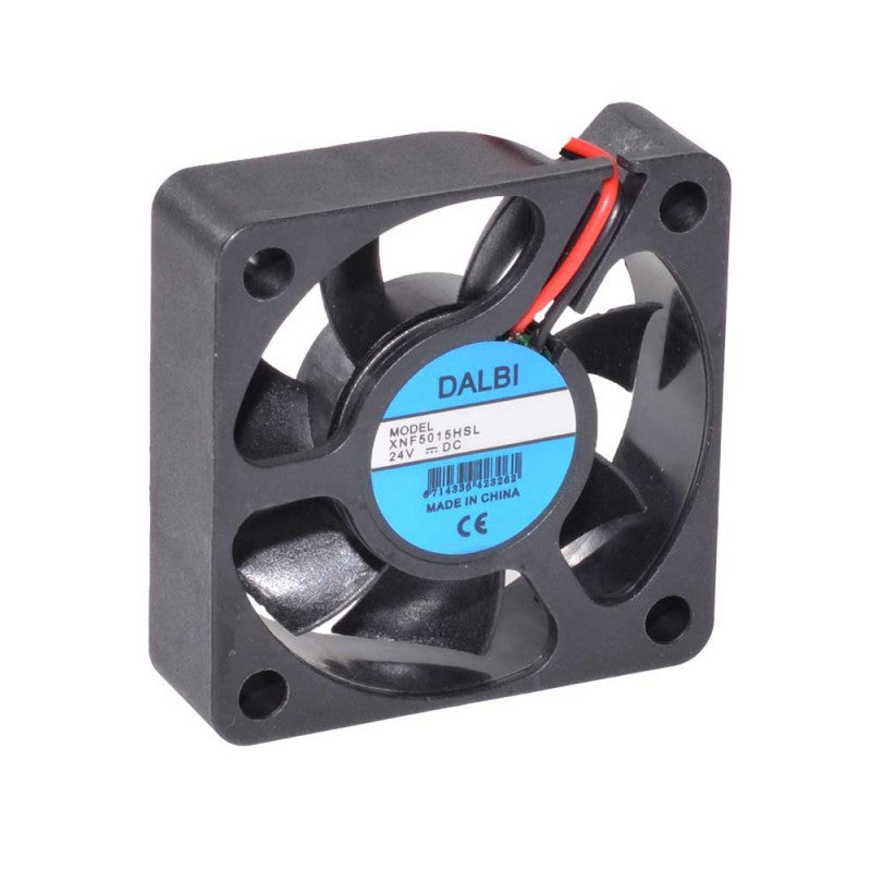 Ventilator axial compact 24V, vedere frontala cu pale si eticheta tehnica