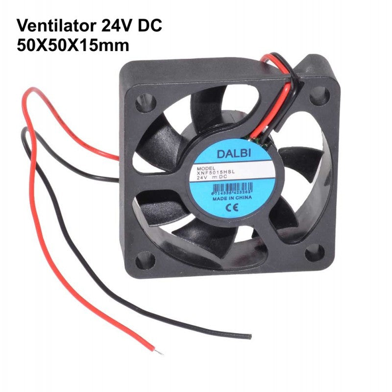 Ventilator axial 24V DC, 50x50x15mm, vedere frontala cu eticheta de specificatii vizibila