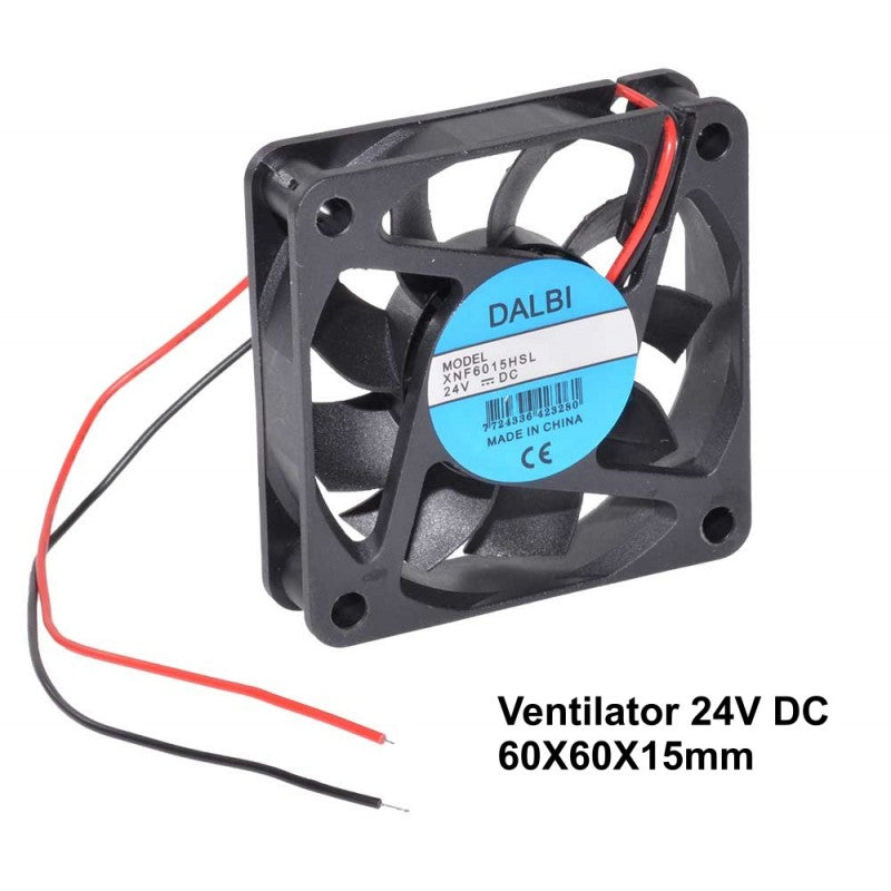 ventilator axial 24V DC 60x60x15mm vedere perspectiva cu text descriptiv