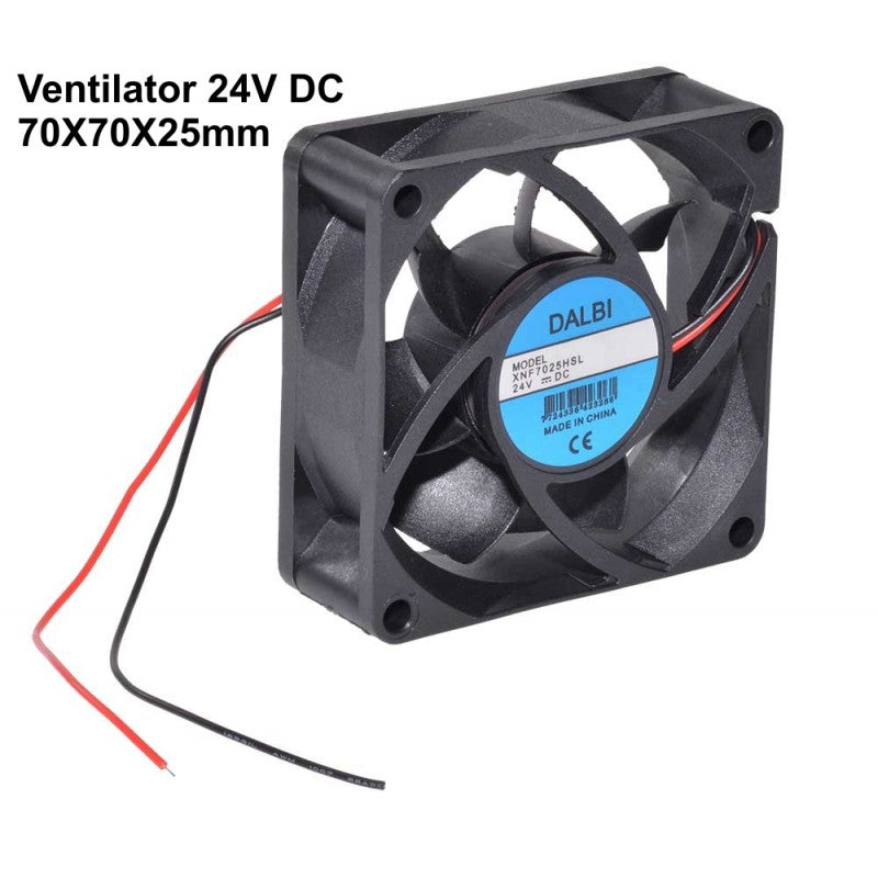 Ventilator axial 70x70x25 mm, 24V DC, vedere laterala cu dimensiuni afisate