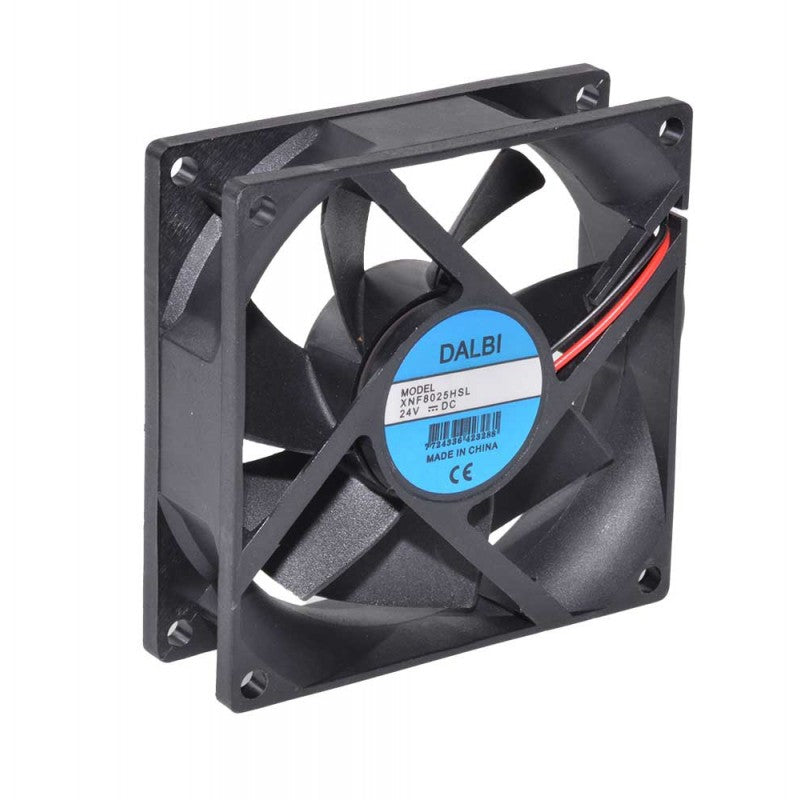 Ventilator axial 24V, 80x80x25mm, vedere laterala cu pale si carcasa din plastic rezistent