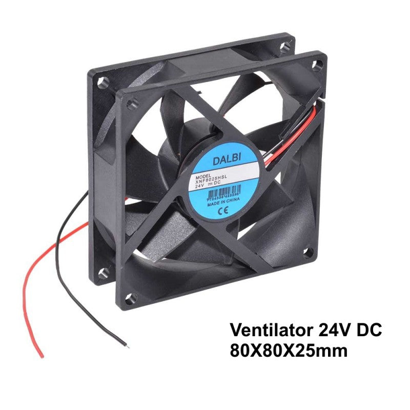 Ventilator axial 24V DC, 80x80x25mm, vedere din fata cu dimensiuni indicate