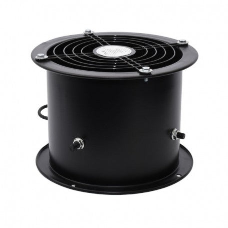 Ventilator axial tubular 65W montat vertical, grila protectie si flansa circulara de prindere