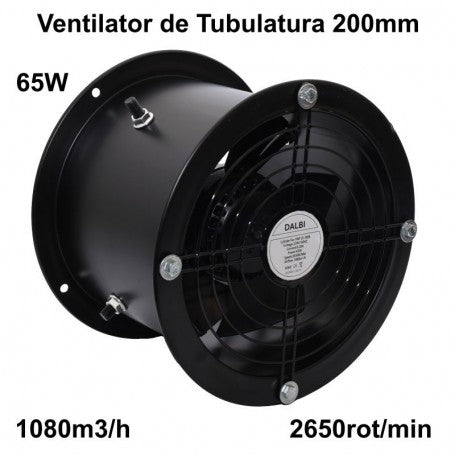 Ventilator tubular axial 200mm vazut din lateral, profil cilindric compact cu flansa de montaj