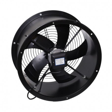 Ventilator axial tubulatura 400mm vazut din fata, motor central vizibil, flansa de montaj